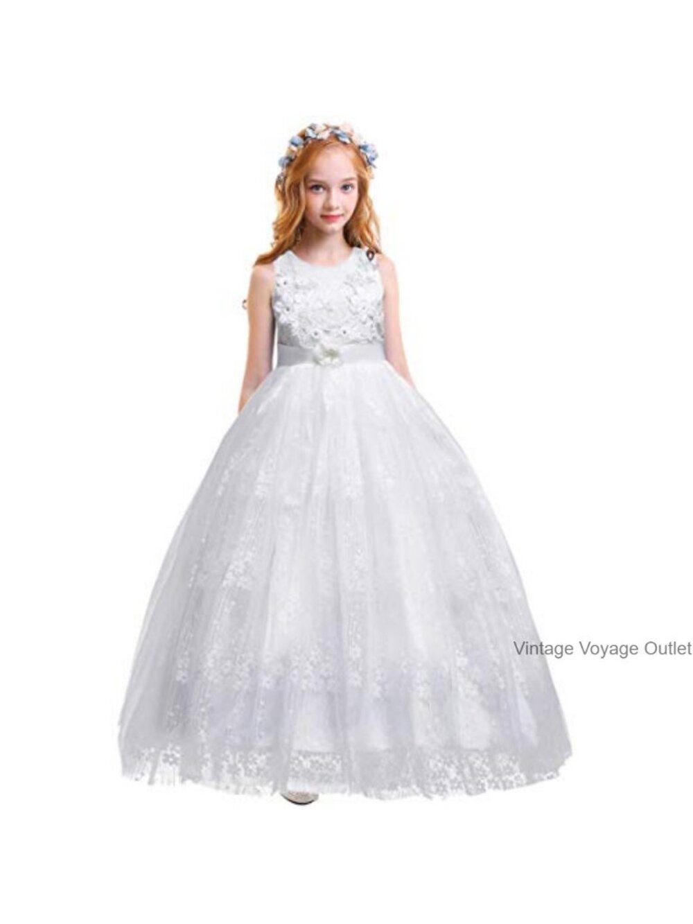 Girls Sleeveless Lace Tulle Maxi Dress Formal Party Wedding Pageant